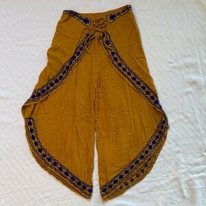 Boho yellow/gold flowy pants with cobalt blue embroidered detail